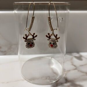 Diamond & Gold Dazzling Rudolph Raindeer Dangle Earrings Holidays Christmas EUC
